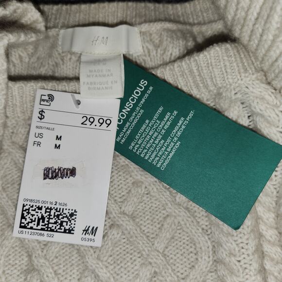 H&M Cream Sweater Womens M Cable Knit Ruffle Shoulder Cropped Neutral Cozy Boho - Picture 4 of 9